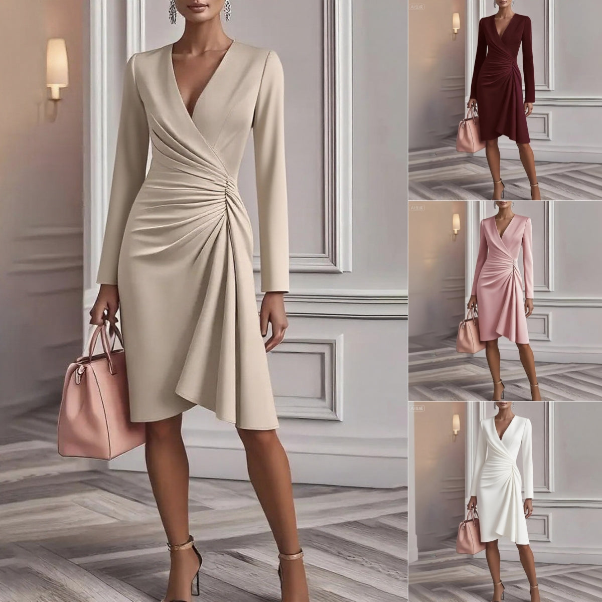 Wickelkleid Damen mit V-Ausschnitt und taillierter Silhouette - 2 - Jasminaboutique.com