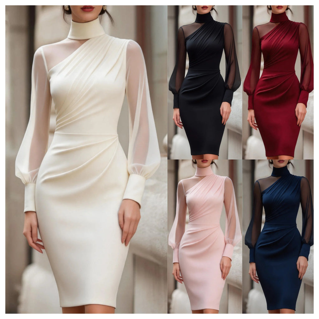 Midi Abendkleid Damen mit Puffärmeln und Wickelschnitt - 12 - Jasminaboutique.com