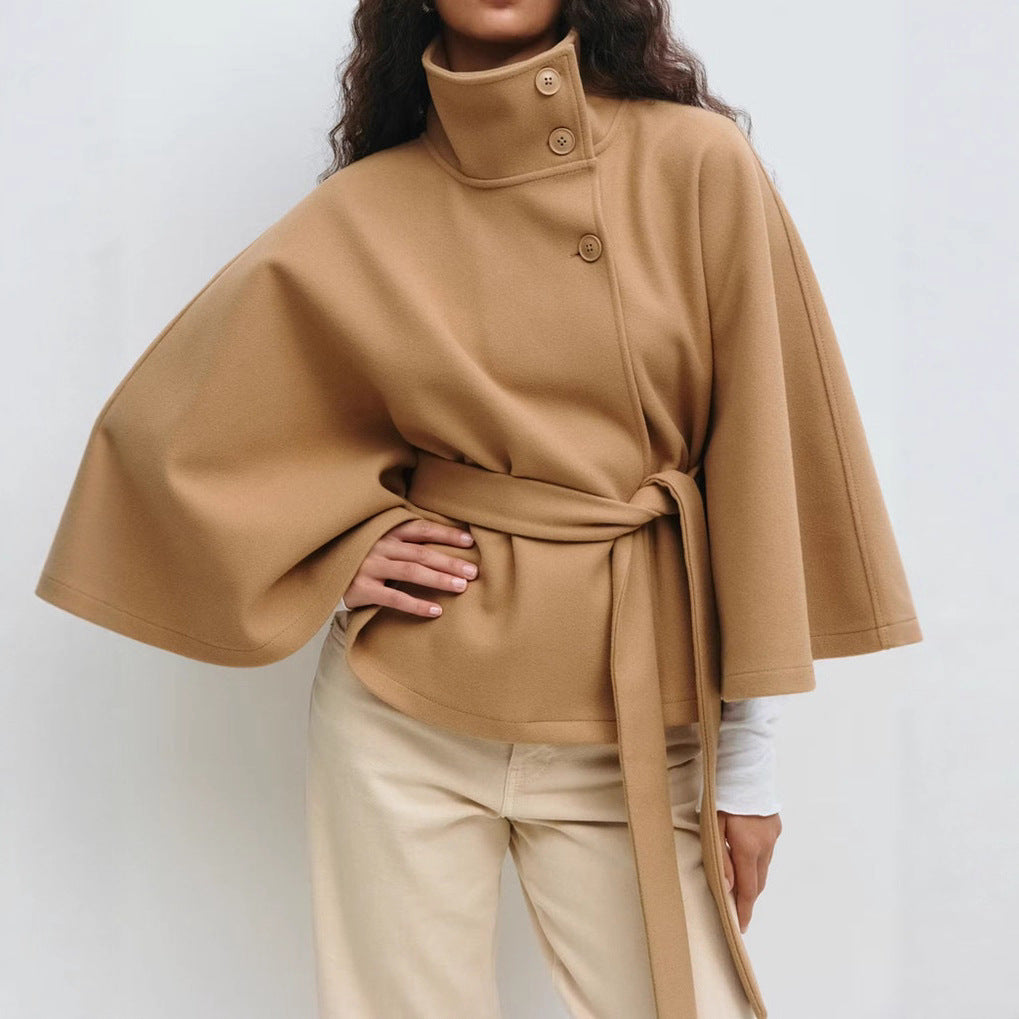 Trenchcoat Damen mit Hohem Kragen und Wickelgürtel, Elegante Batwing-Ärmel - 2 - Jasminaboutique.com