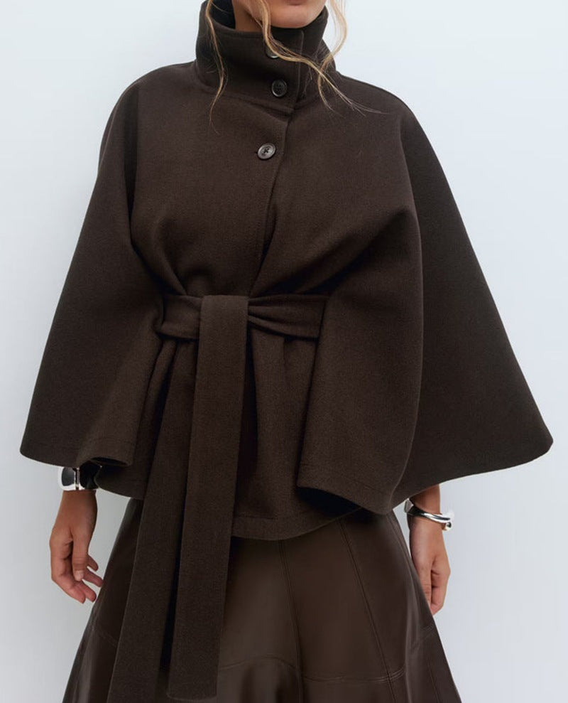 Trenchcoat Damen mit Hohem Kragen und Wickelgürtel, Elegante Batwing-Ärmel - 4 - Jasminaboutique.com