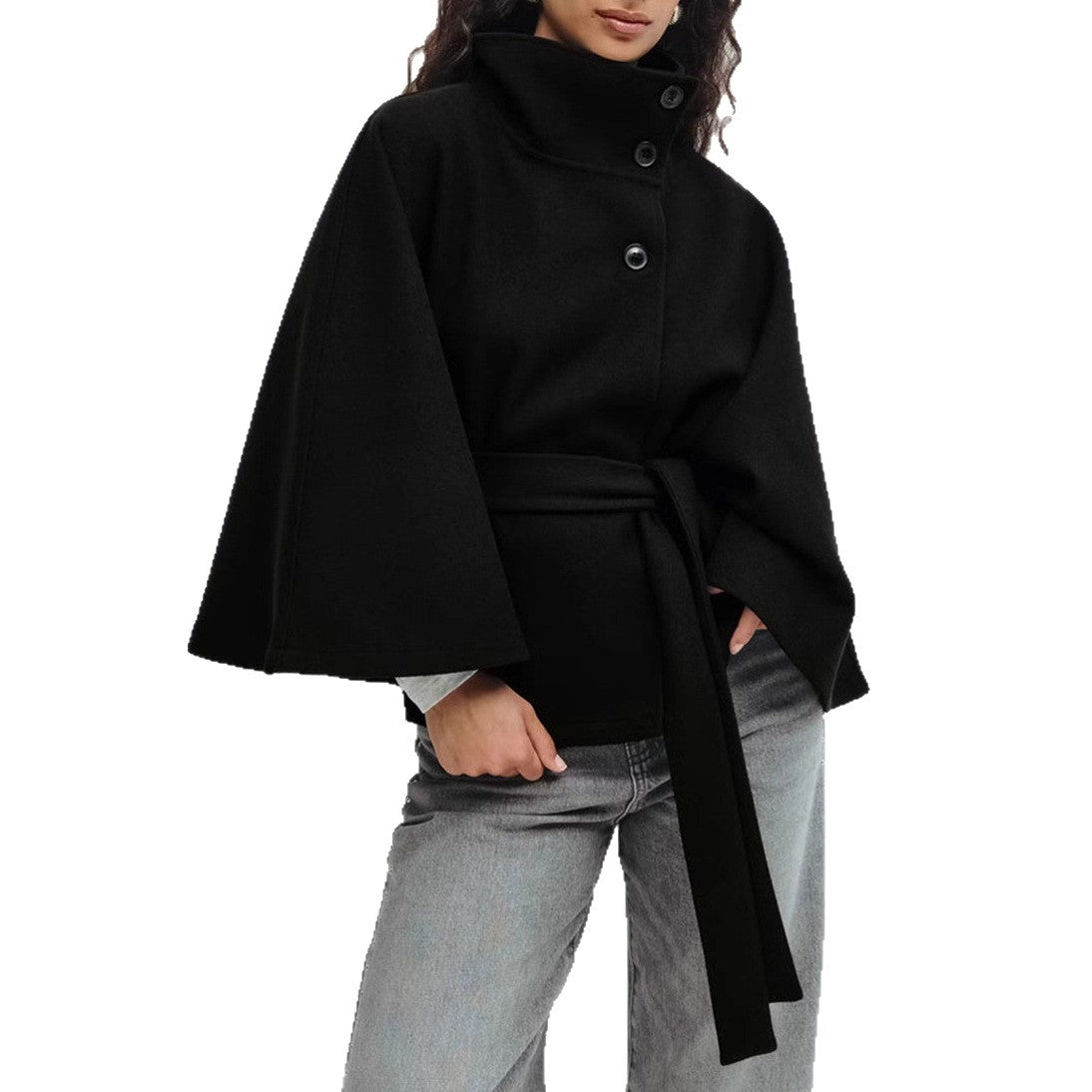 Trenchcoat Damen mit Hohem Kragen und Wickelgürtel, Elegante Batwing-Ärmel - 6 - Jasminaboutique.com