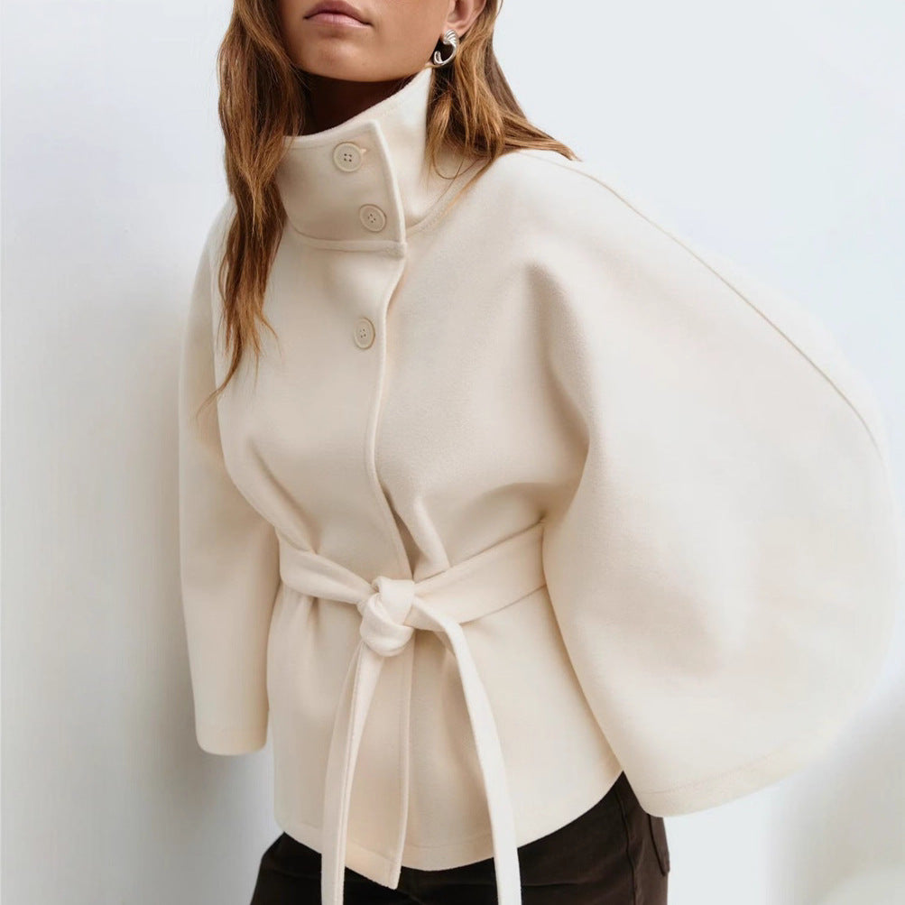 Trenchcoat Damen mit Hohem Kragen und Wickelgürtel, Elegante Batwing-Ärmel - 8 - Jasminaboutique.com