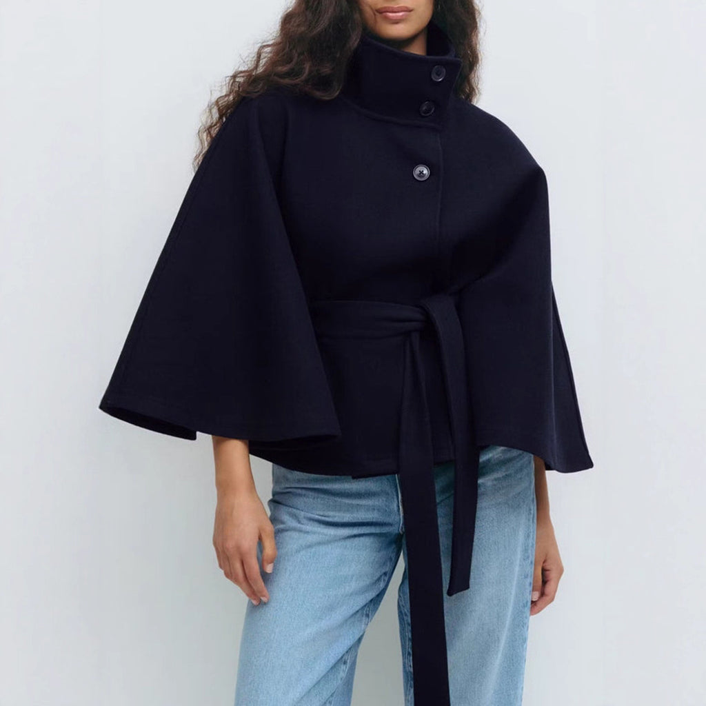 Trenchcoat Damen mit Hohem Kragen und Wickelgürtel, Elegante Batwing-Ärmel - 10 - Jasminaboutique.com