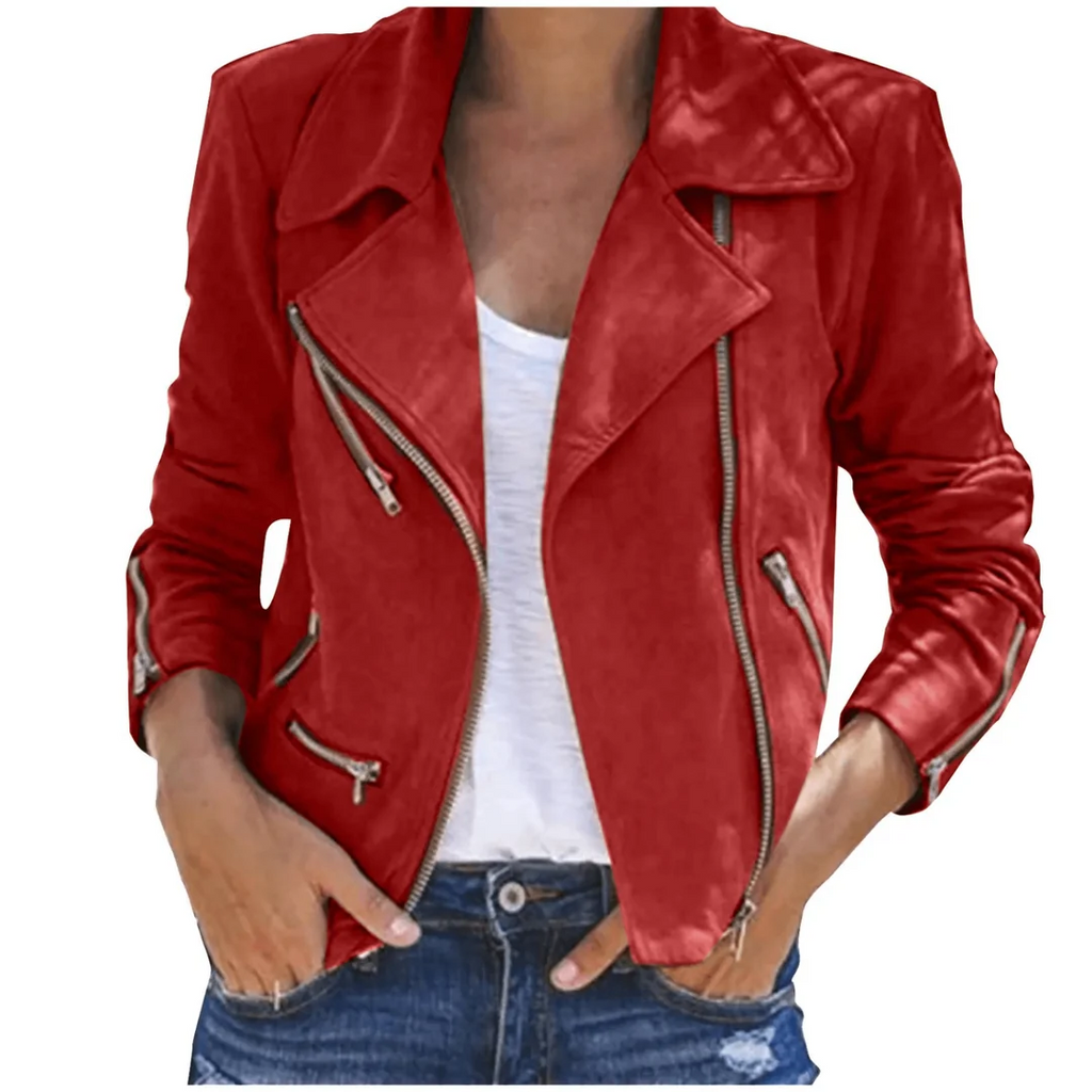 Lederjacke Damen mit asymmetrischem Reißverschluss und taillierter Silhouette - 4 - Jasminaboutique.com