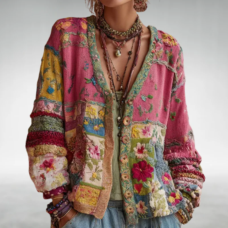 Cardigan Damen mit Patchwork-Design und V-Ausschnitt - 1 - Jasminaboutique.com