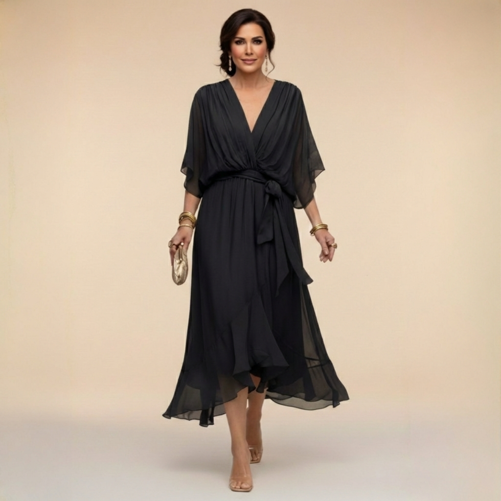 Wickelkleid Damen mit V-Ausschnitt und schwingendem Rock - 2 - Jasminaboutique.com