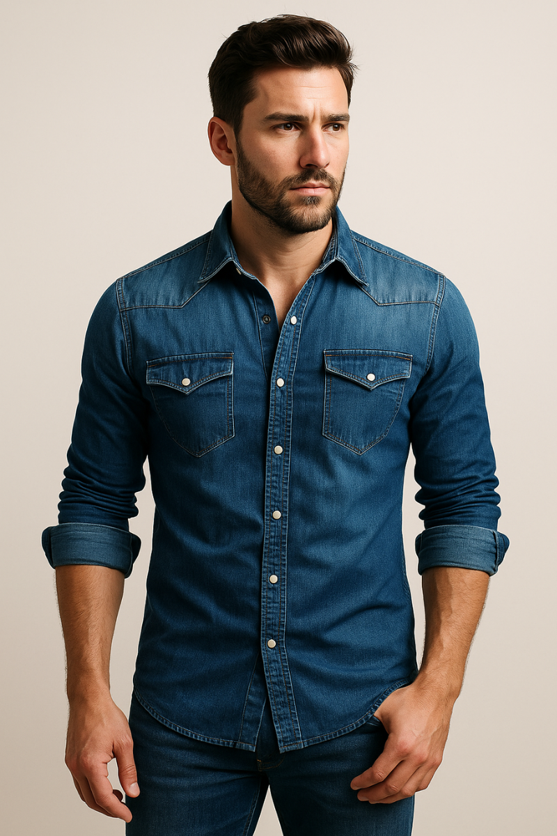 Hemd Men Damen - Langarm - Denim-Optik mit Brusttaschen - 1 - Jasminaboutique.com