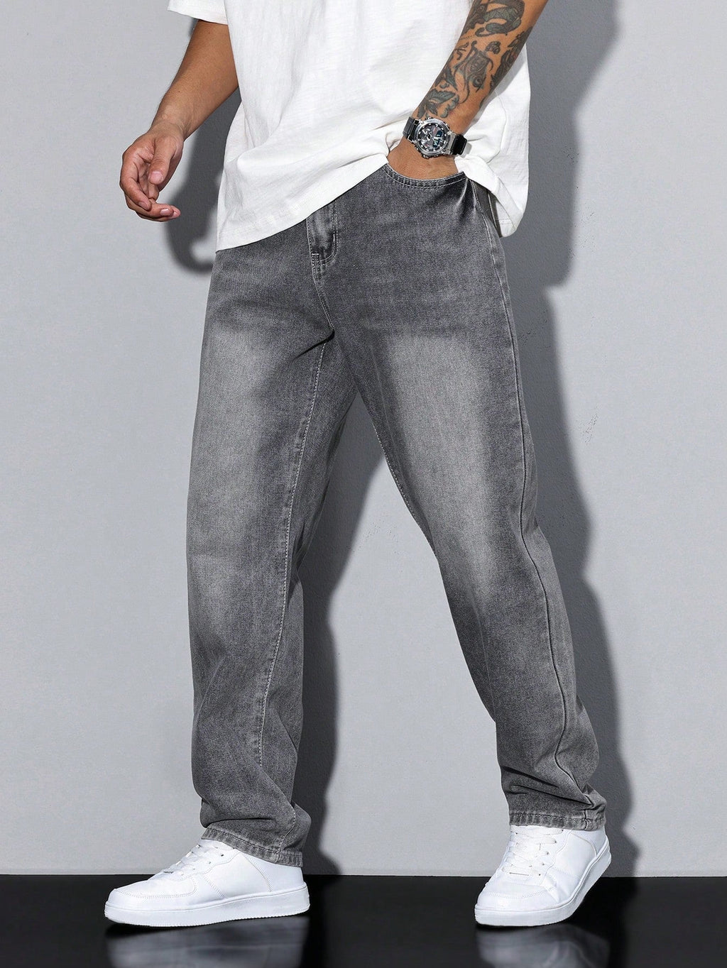 Relaxed Straight Leg Jeans Herren mit natürlicher Taille und praktischen Taschen - 1 - Jasminaboutique.com