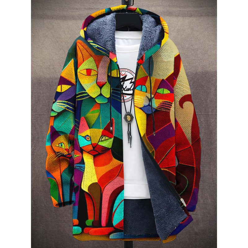 Cardigan Herren mit Kapuze und buntem Katzenmuster - 1 - Jasminaboutique.com