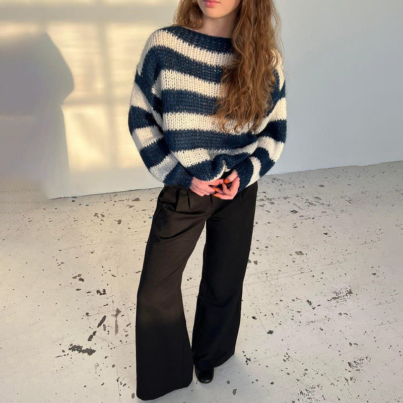 Pullover Sweater Damen Lockerer Schnitt mit Streifenmuster - 1 - Jasminaboutique.com