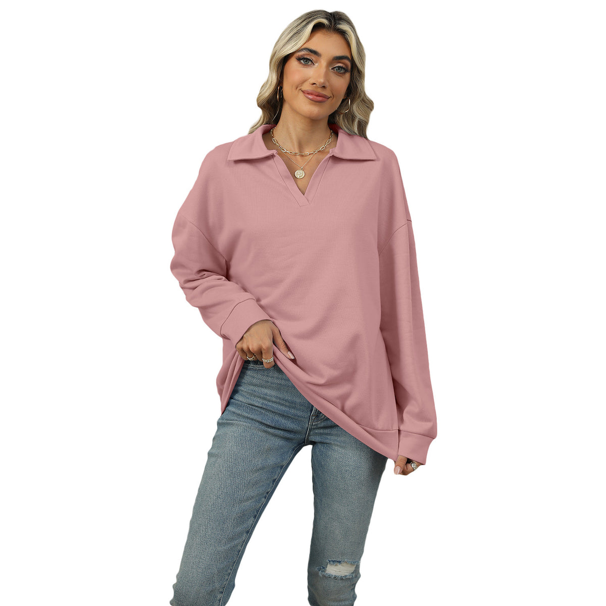 Sweatshirt Damen Relaxed Fit mit Revers V-Ausschnitt - 1 - Jasminaboutique.com