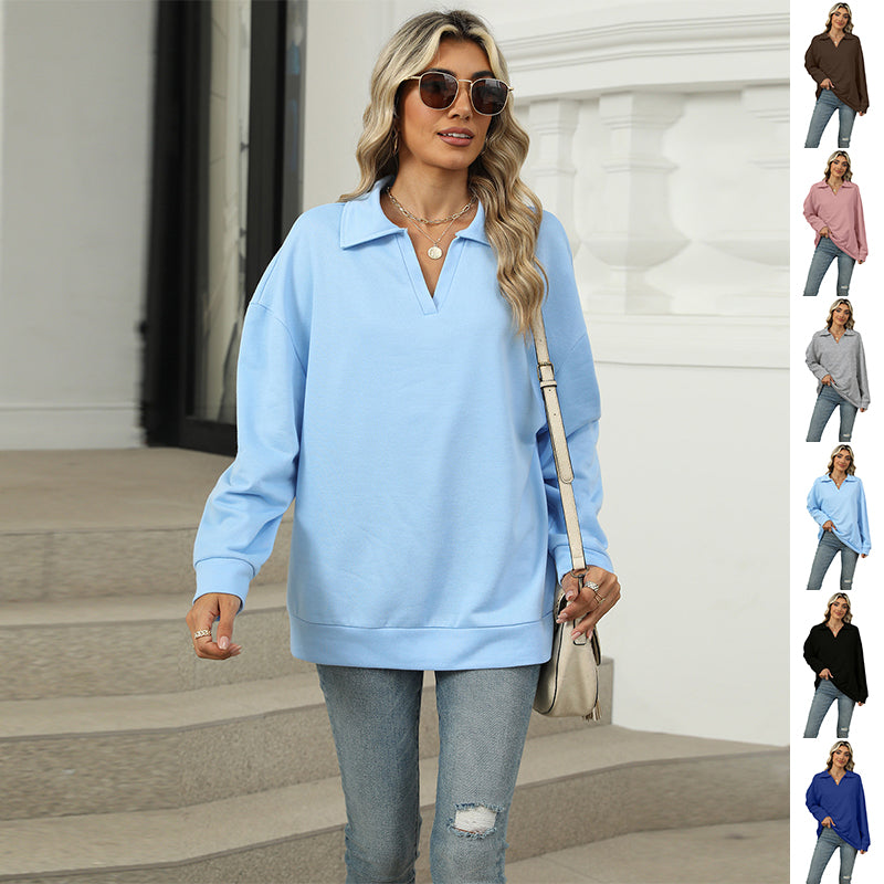 Sweatshirt Damen Relaxed Fit mit Revers V-Ausschnitt - 4 - Jasminaboutique.com