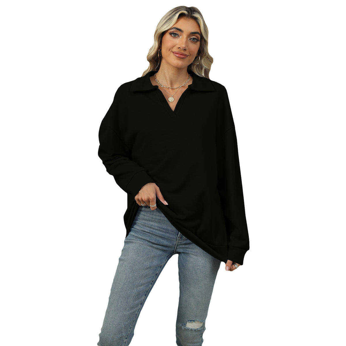 Sweatshirt Damen Relaxed Fit mit Revers V-Ausschnitt - 7 - Jasminaboutique.com