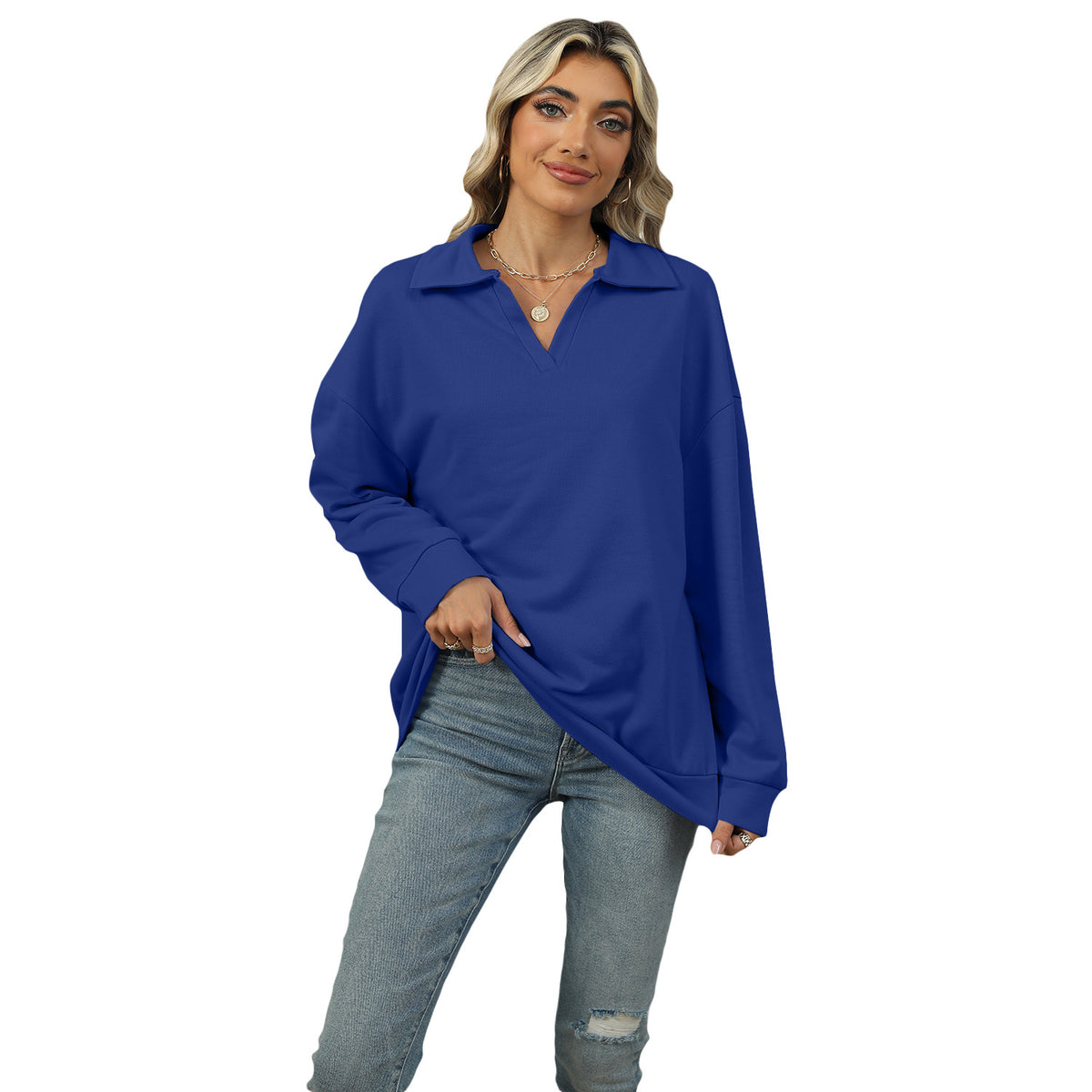 Sweatshirt Damen Relaxed Fit mit Revers V-Ausschnitt - 8 - Jasminaboutique.com