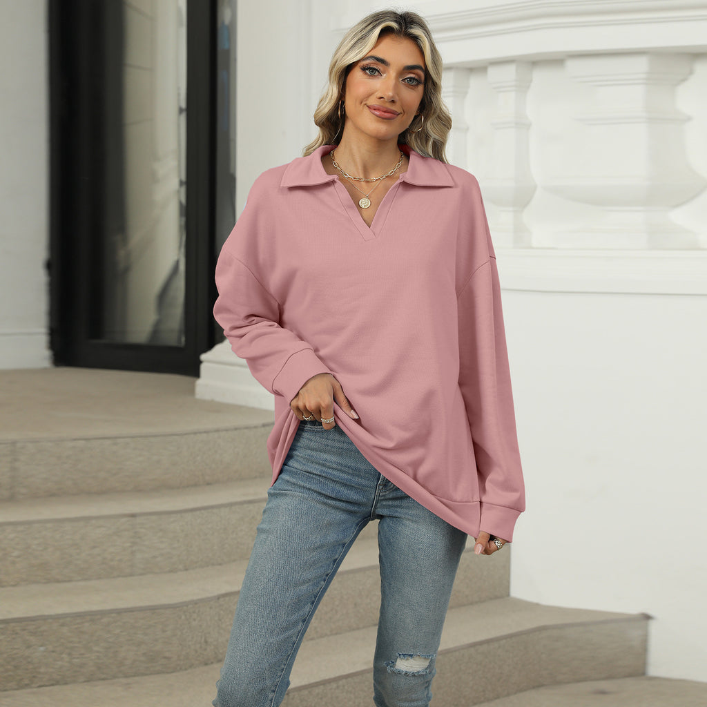 Sweatshirt Damen Relaxed Fit mit Revers V-Ausschnitt - 9 - Jasminaboutique.com