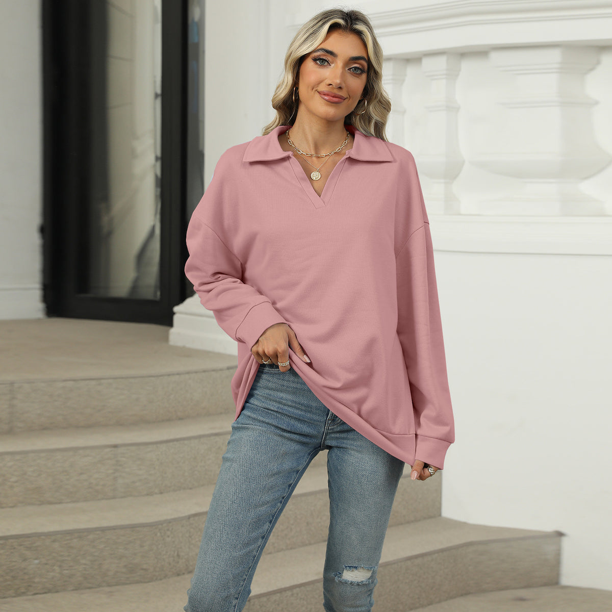 Sweatshirt Damen Relaxed Fit mit Revers V-Ausschnitt - 9 - Jasminaboutique.com