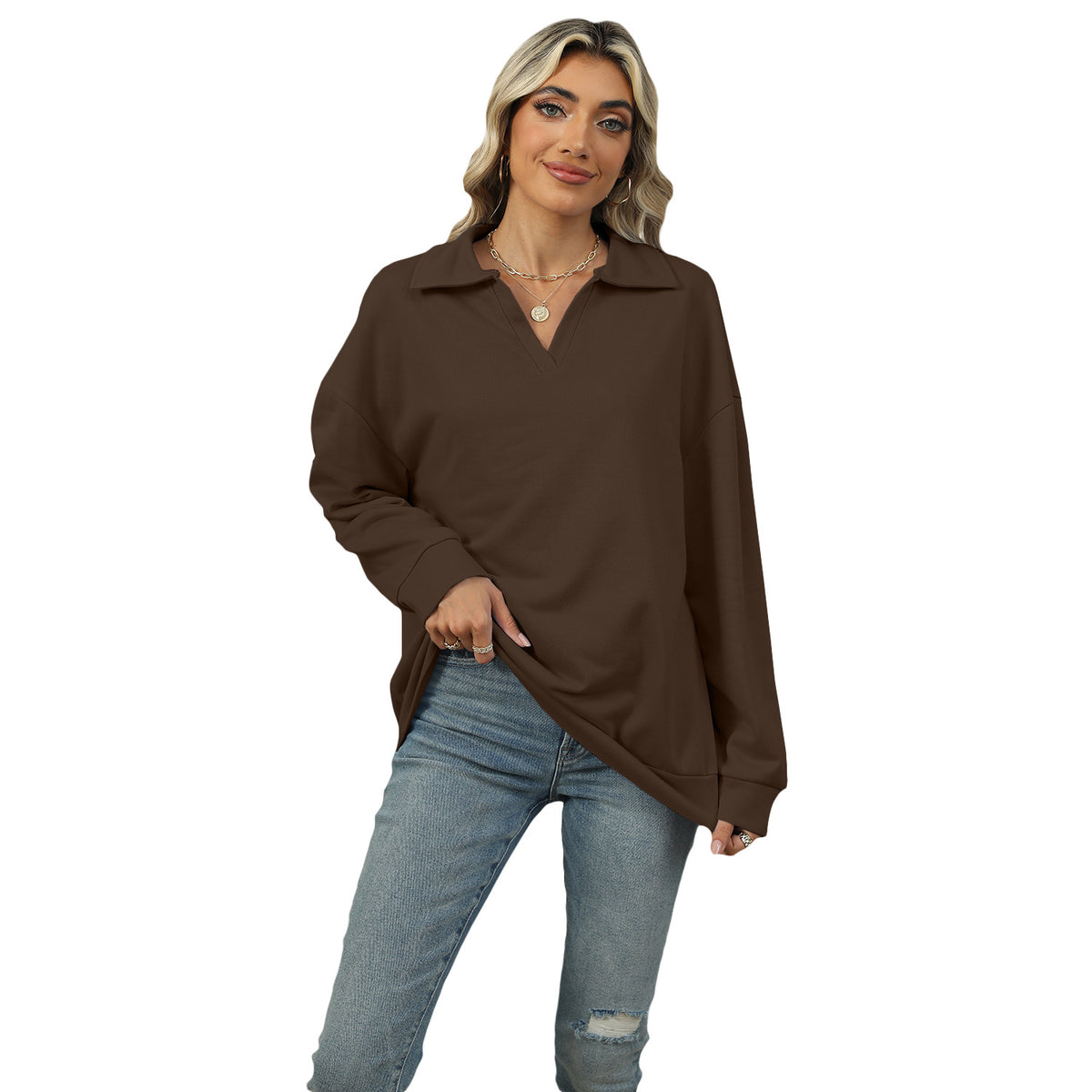 Sweatshirt Damen Relaxed Fit mit Revers V-Ausschnitt - 12 - Jasminaboutique.com