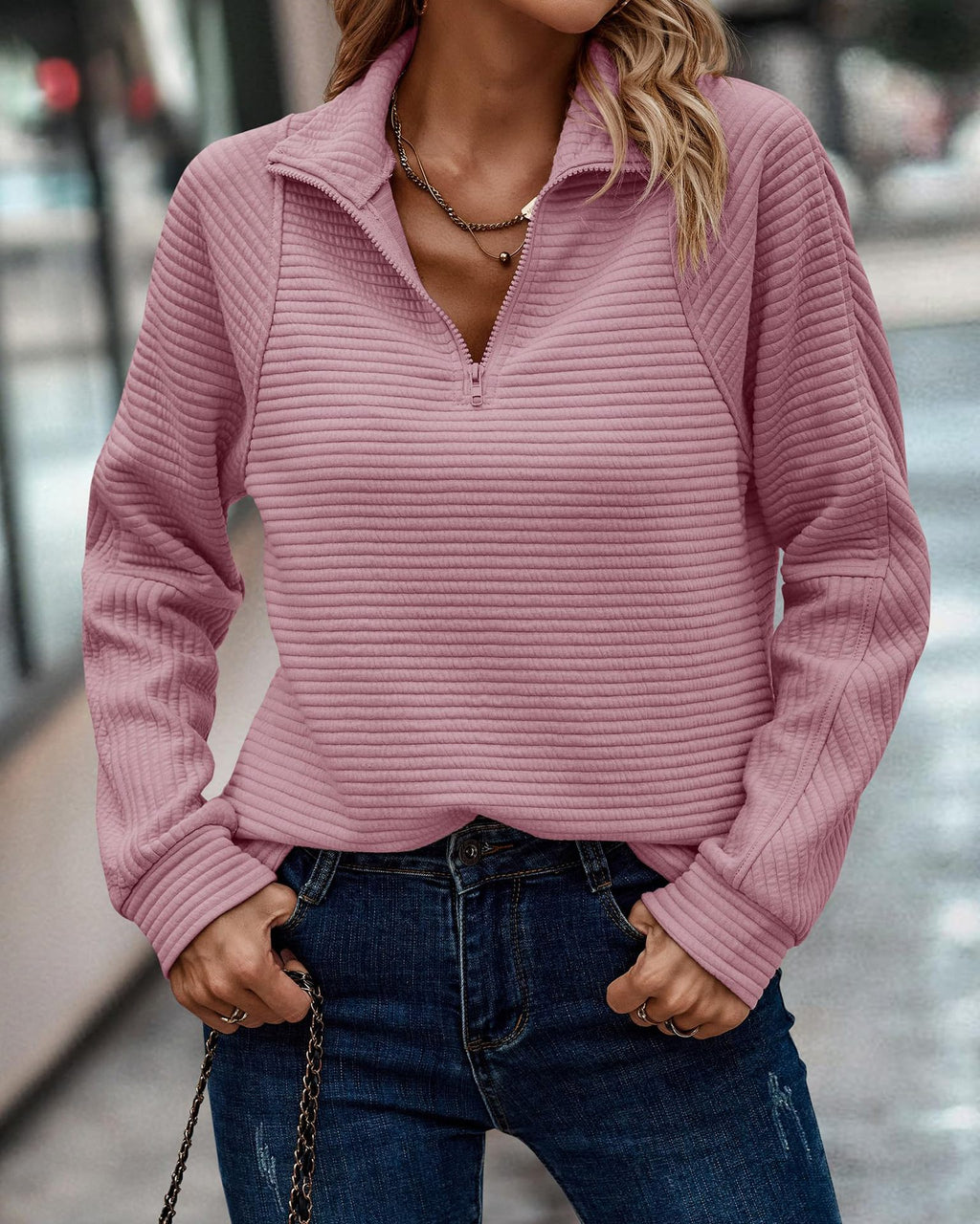 Hoodie Damen Pullover mit Reißverschluss Stehkragen - 3 - Jasminaboutique.com