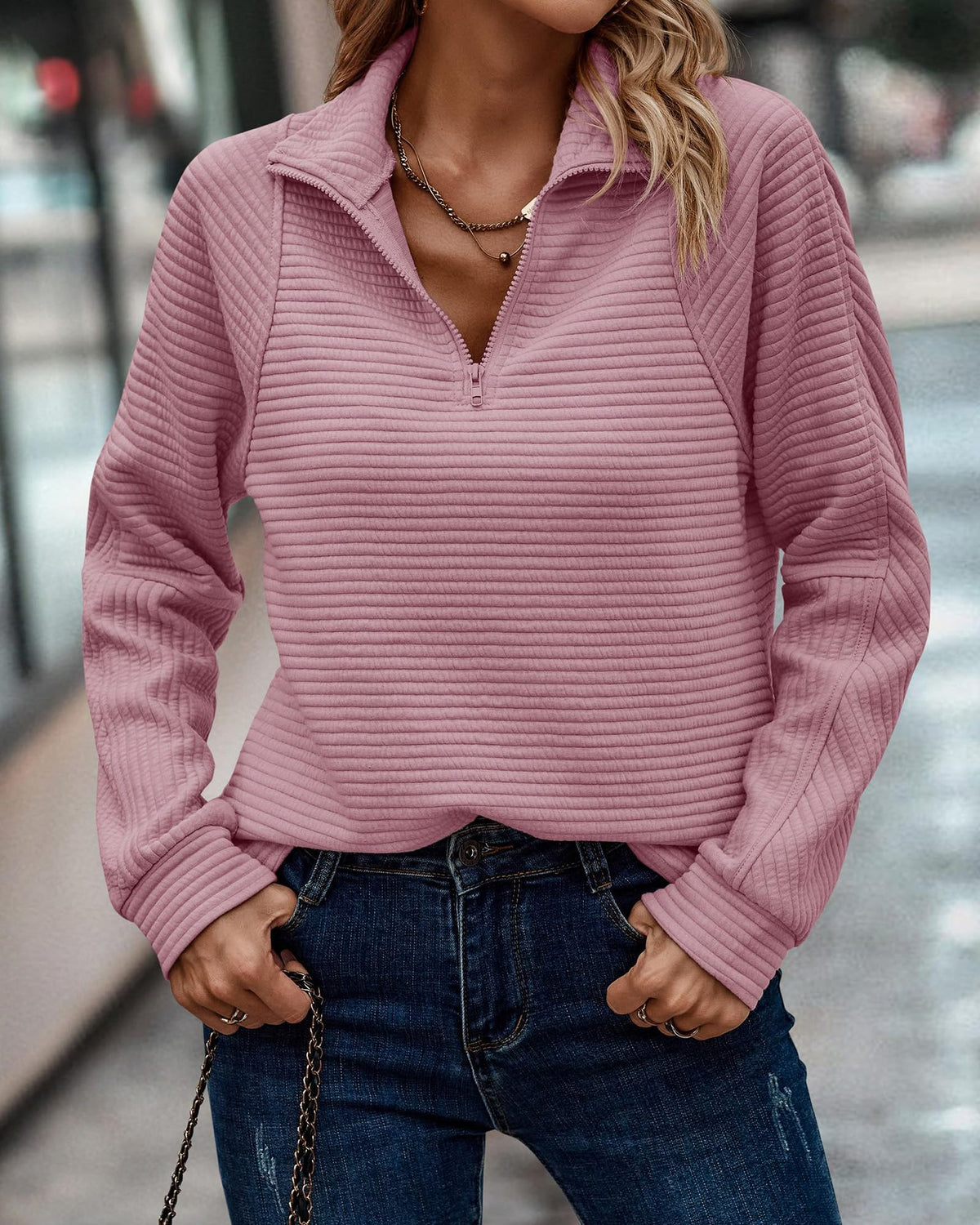 Hoodie Damen Pullover mit Reißverschluss Stehkragen - 3 - Jasminaboutique.com
