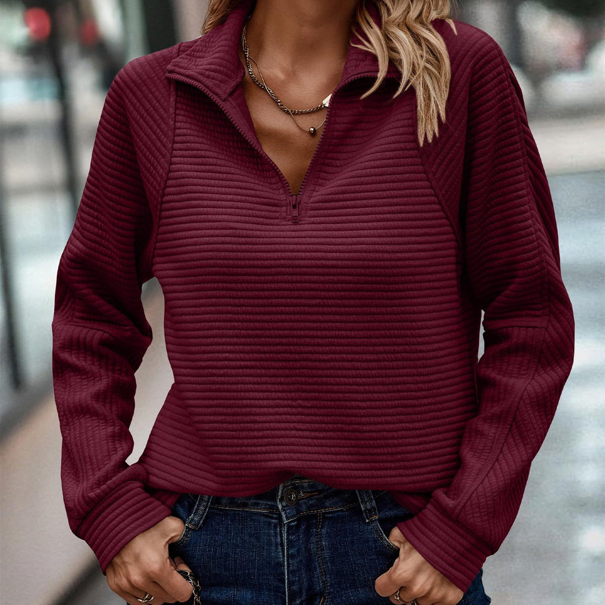 Hoodie Damen Pullover mit Reißverschluss Stehkragen - 8 - Jasminaboutique.com