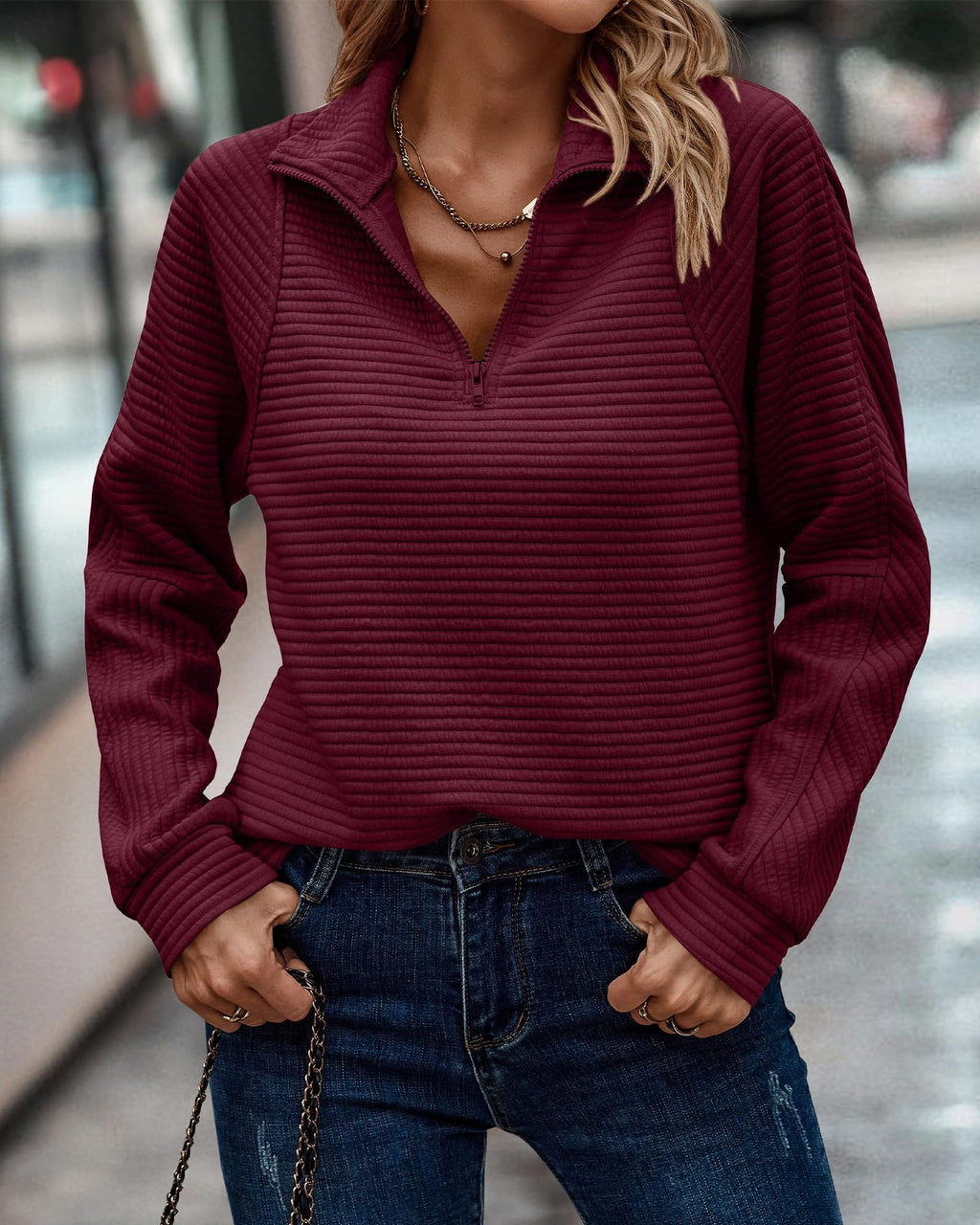 Hoodie Damen Pullover mit Reißverschluss Stehkragen - 10 - Jasminaboutique.com