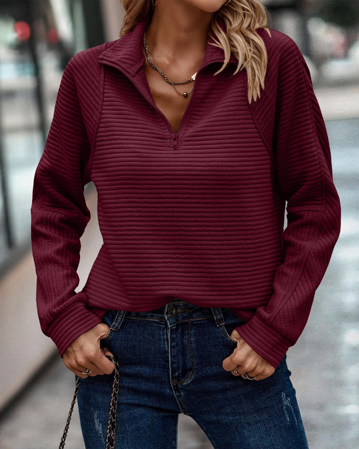 Hoodie Damen Pullover mit Reißverschluss Stehkragen - 10 - Jasminaboutique.com