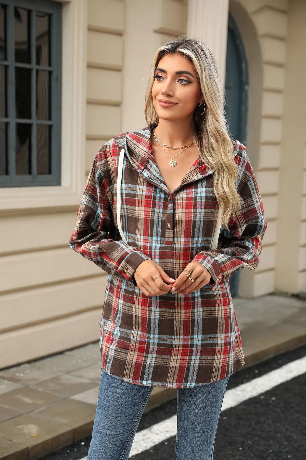 Hoodie Damen Lockerer Schnitt mit Knopfleiste - 1 - Jasminaboutique.com