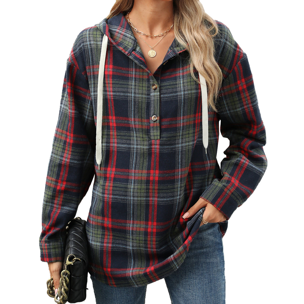 Hoodie Damen Lockerer Schnitt mit Knopfleiste - 8 - Jasminaboutique.com