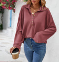 Sweatshirt Damen Lässig Locker mit Knopfverschluss - 3 - Jasminaboutique.com