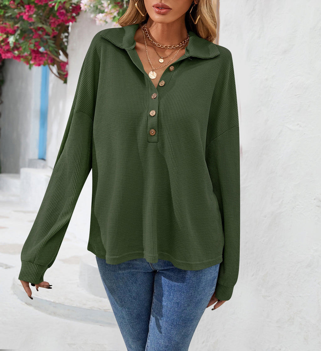 Sweatshirt Damen Lässig Locker mit Knopfverschluss - 6 - Jasminaboutique.com
