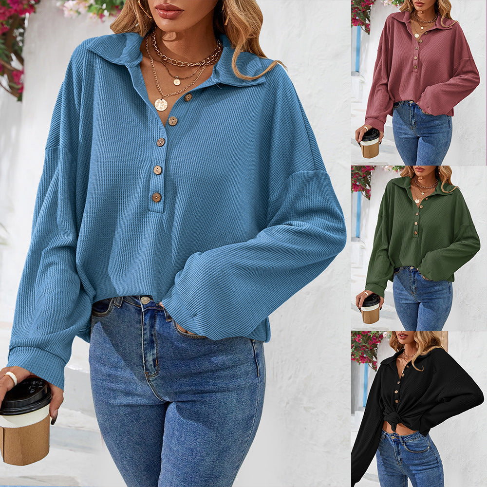 Sweatshirt Damen Lässig Locker mit Knopfverschluss - 9 - Jasminaboutique.com