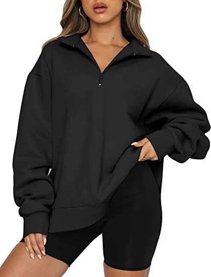 Sweatshirt Damen Lockerer Schnitt mit Halbreißverschluss-Kragen - 4 - Jasminaboutique.com