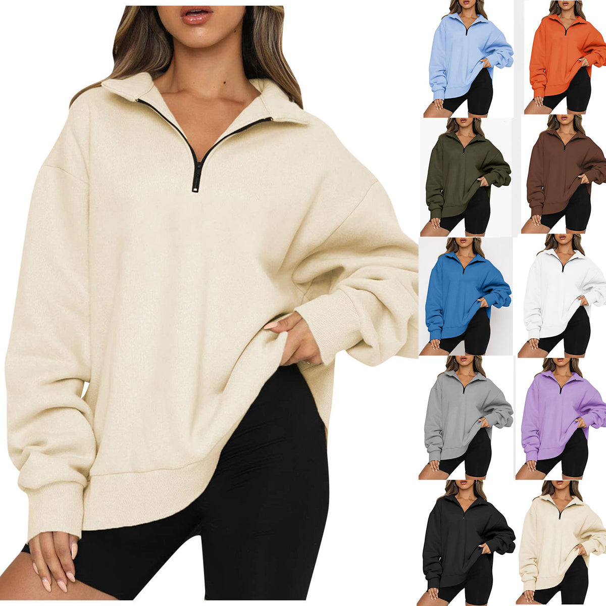 Sweatshirt Damen Lockerer Schnitt mit Halbreißverschluss-Kragen - 5 - Jasminaboutique.com