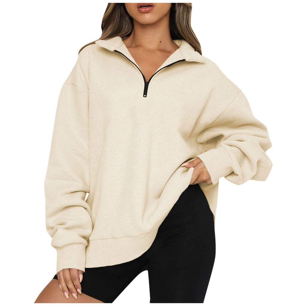 Sweatshirt Damen Lockerer Schnitt mit Halbreißverschluss-Kragen - 15 - Jasminaboutique.com
