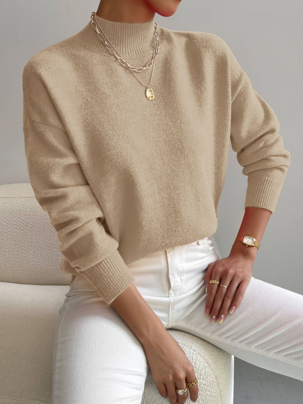 Pullover Sweater Damen Relaxed Fit mit mittelhohem Kragen - 1 - Jasminaboutique.com