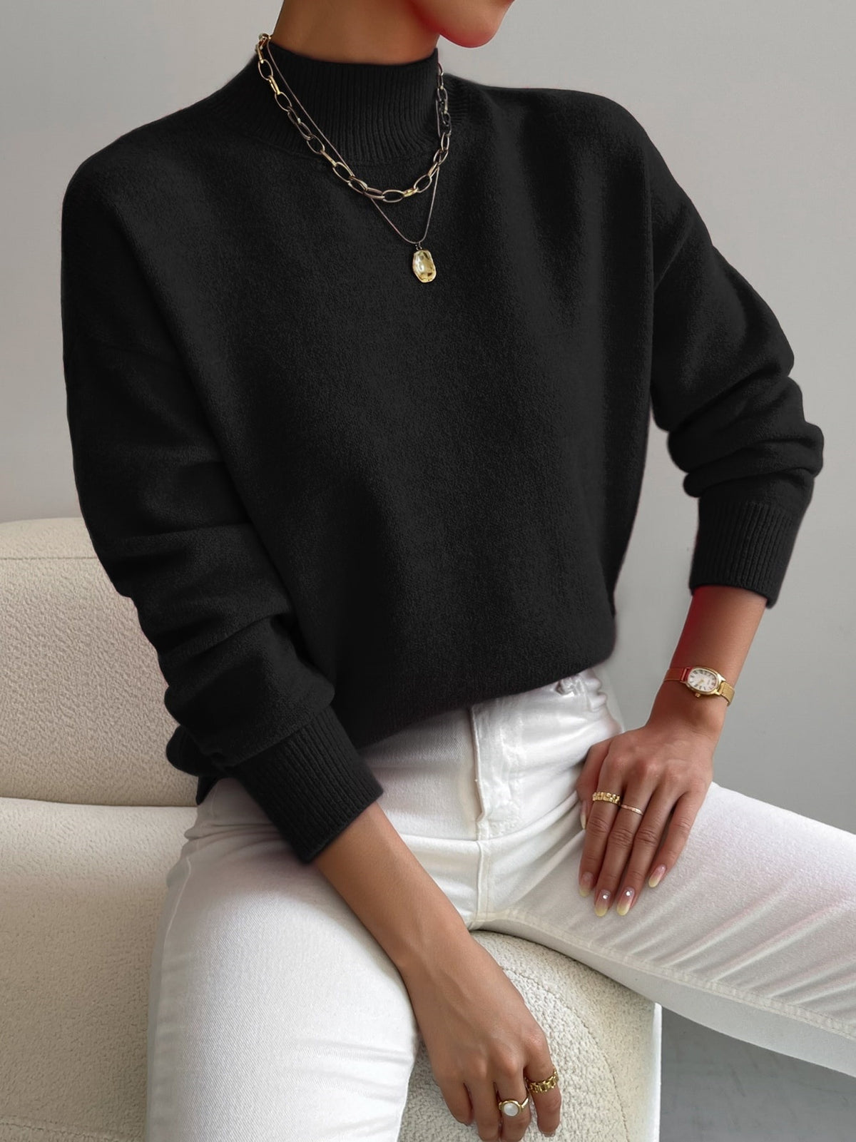 Pullover Sweater Damen Relaxed Fit mit mittelhohem Kragen - 4 - Jasminaboutique.com