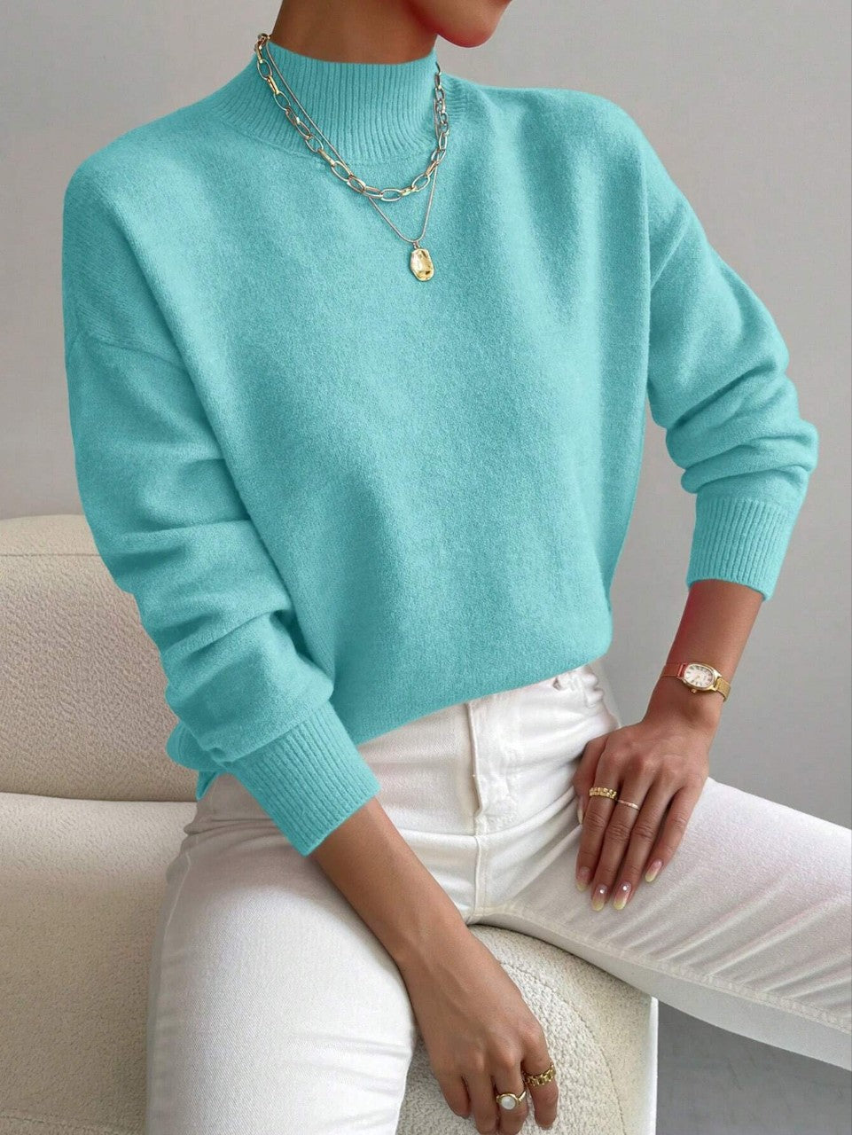 Pullover Sweater Damen Relaxed Fit mit mittelhohem Kragen - 13 - Jasminaboutique.com