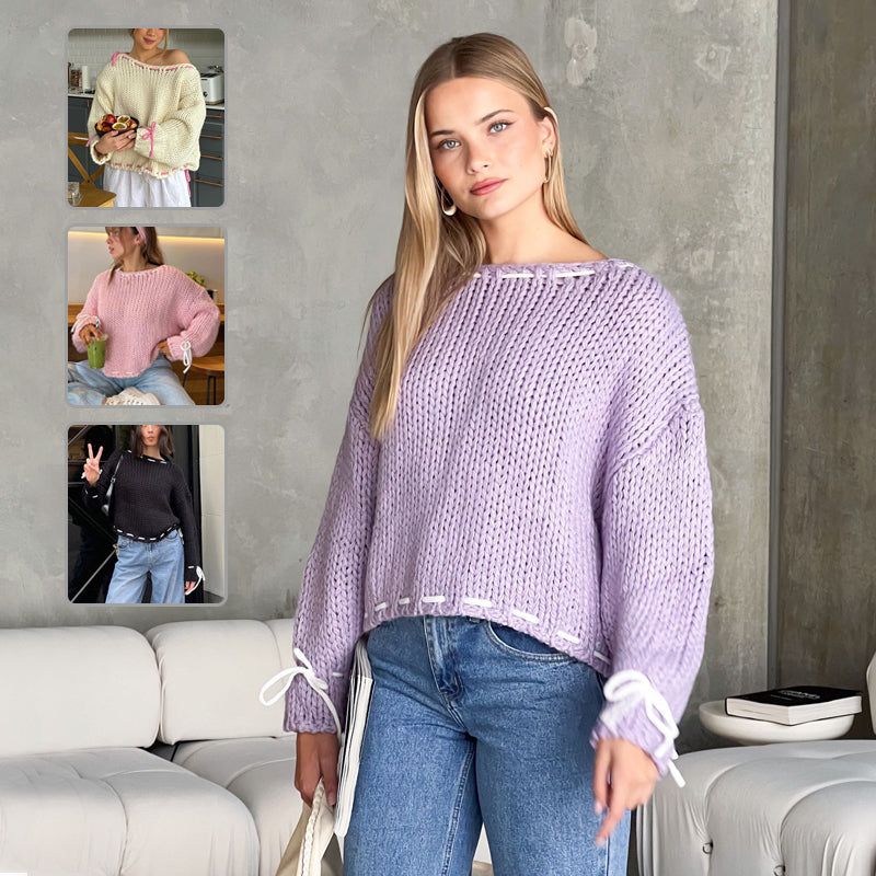Pullover Sweater Damen Lockere Passform mit Schleifendetail - 1 - Jasminaboutique.com