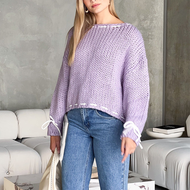 Pullover Sweater Damen Lockere Passform mit Schleifendetail - 9 - Jasminaboutique.com