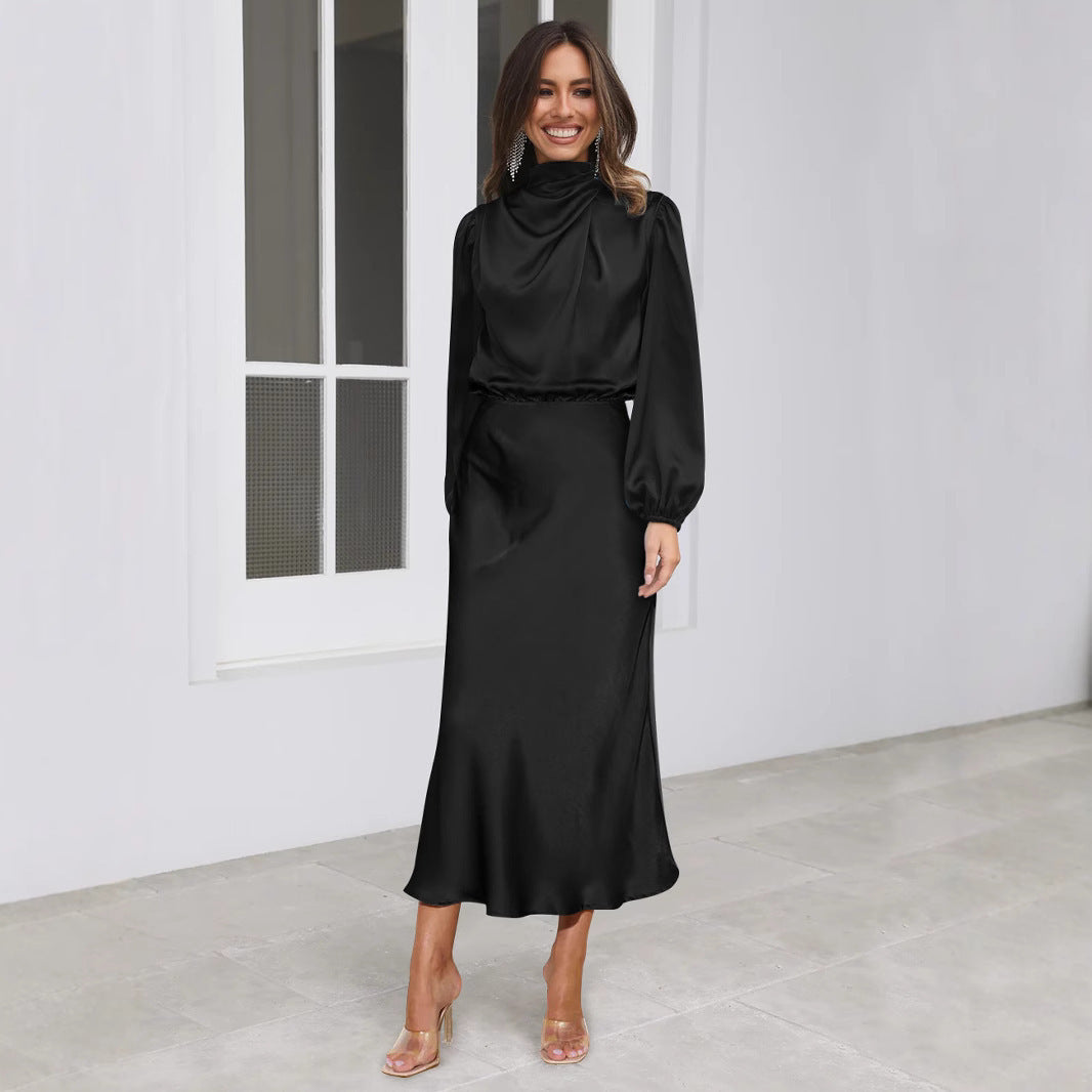 Elegantes Midi Kleid Damen mit hohen Kragen und langen Ärmeln - 1 - Jasminaboutique.com