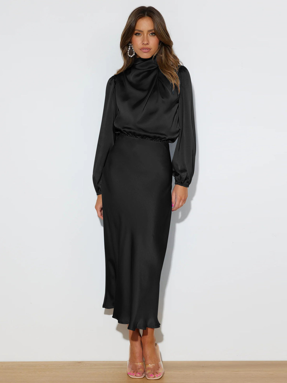 Elegantes Midi Kleid Damen mit hohen Kragen und langen Ärmeln - 2 - Jasminaboutique.com