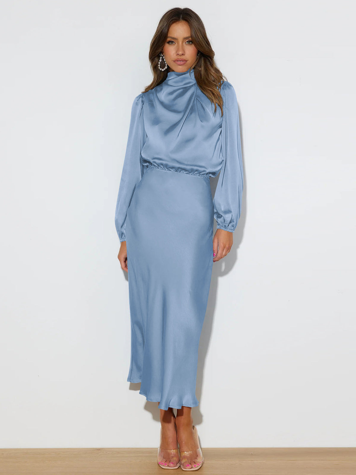 Elegantes Midi Kleid Damen mit hohen Kragen und langen Ärmeln - 3 - Jasminaboutique.com