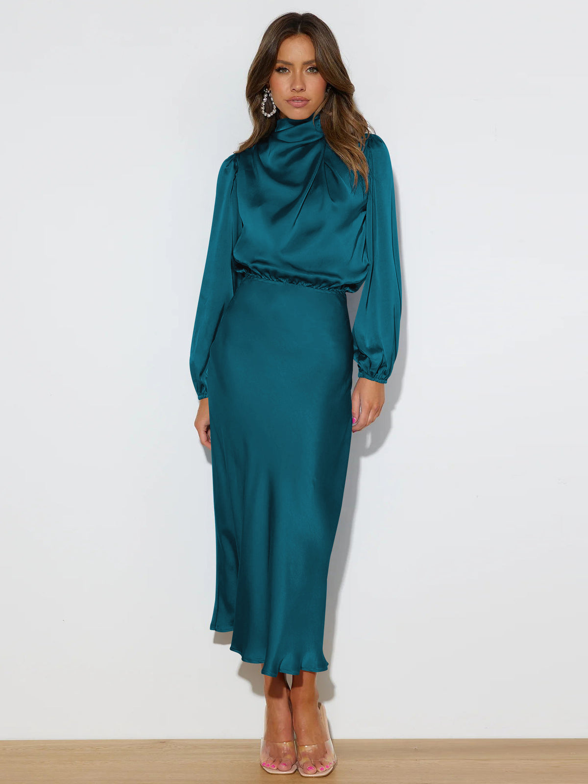 Elegantes Midi Kleid Damen mit hohen Kragen und langen Ärmeln - 4 - Jasminaboutique.com