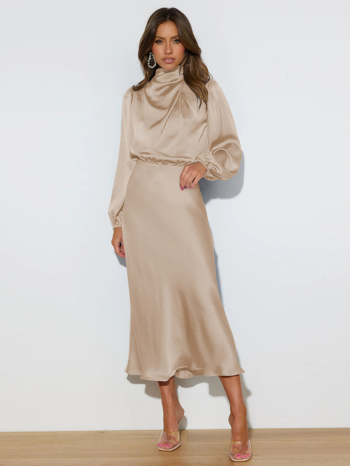 Elegantes Midi Kleid Damen mit hohen Kragen und langen Ärmeln - 7 - Jasminaboutique.com