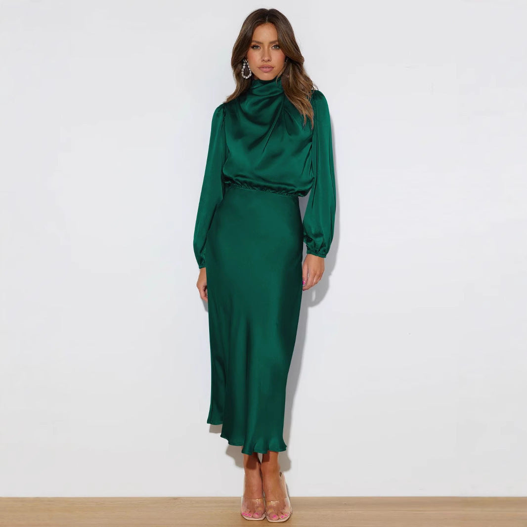 Elegantes Midi Kleid Damen mit hohen Kragen und langen Ärmeln - 8 - Jasminaboutique.com