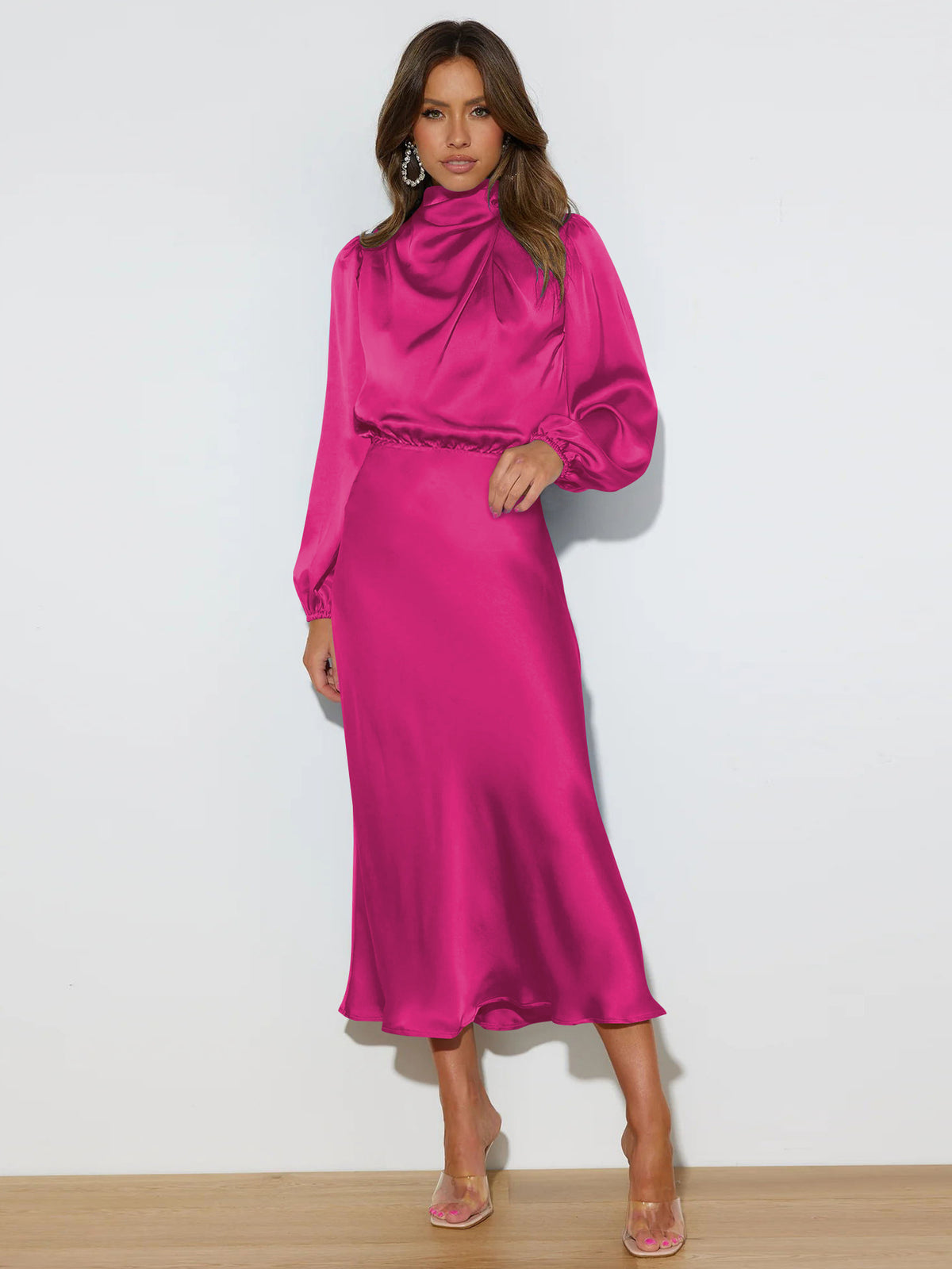 Elegantes Midi Kleid Damen mit hohen Kragen und langen Ärmeln - 10 - Jasminaboutique.com