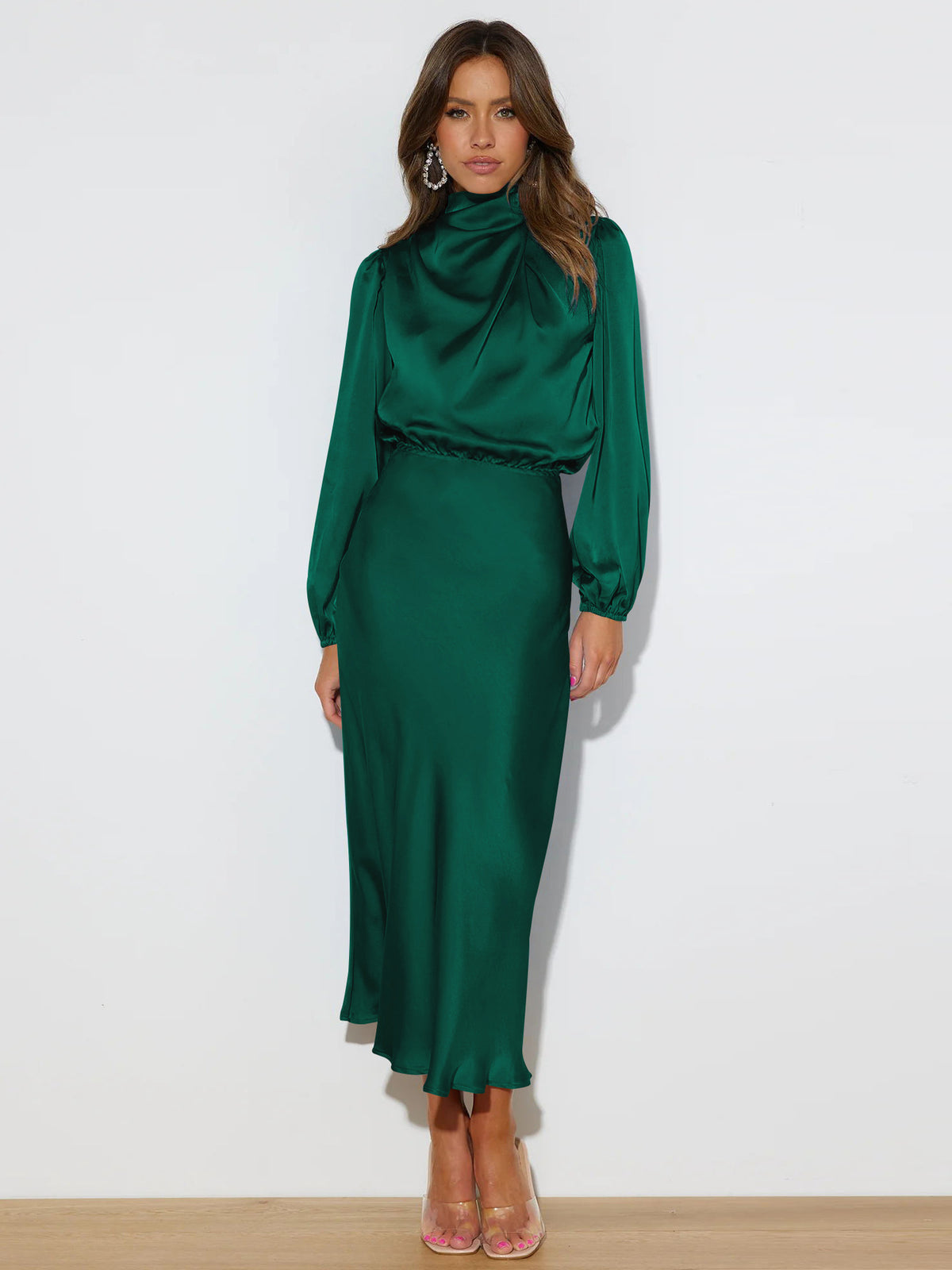 Elegantes Midi Kleid Damen mit hohen Kragen und langen Ärmeln - 11 - Jasminaboutique.com