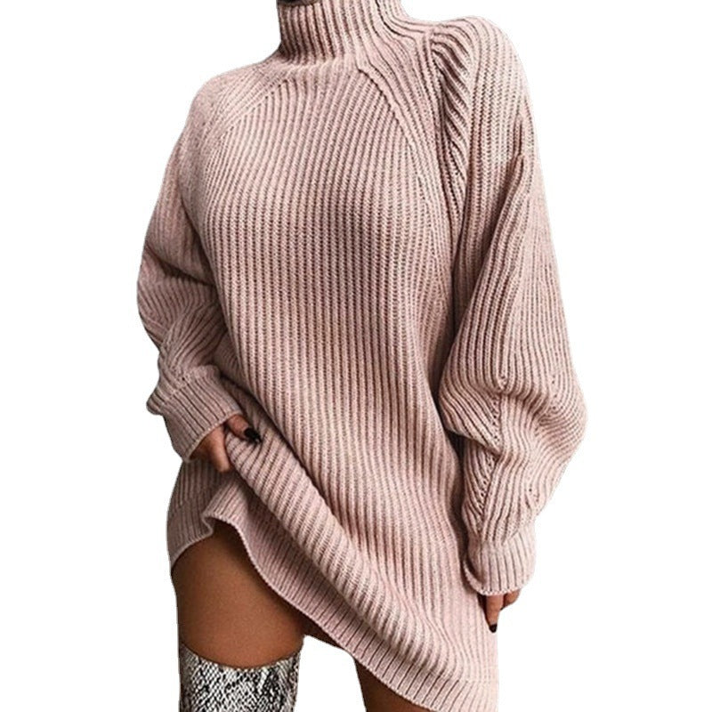 Sweaterkleid Damen Lockere Passform mit Stehkragen - 6 - Jasminaboutique.com
