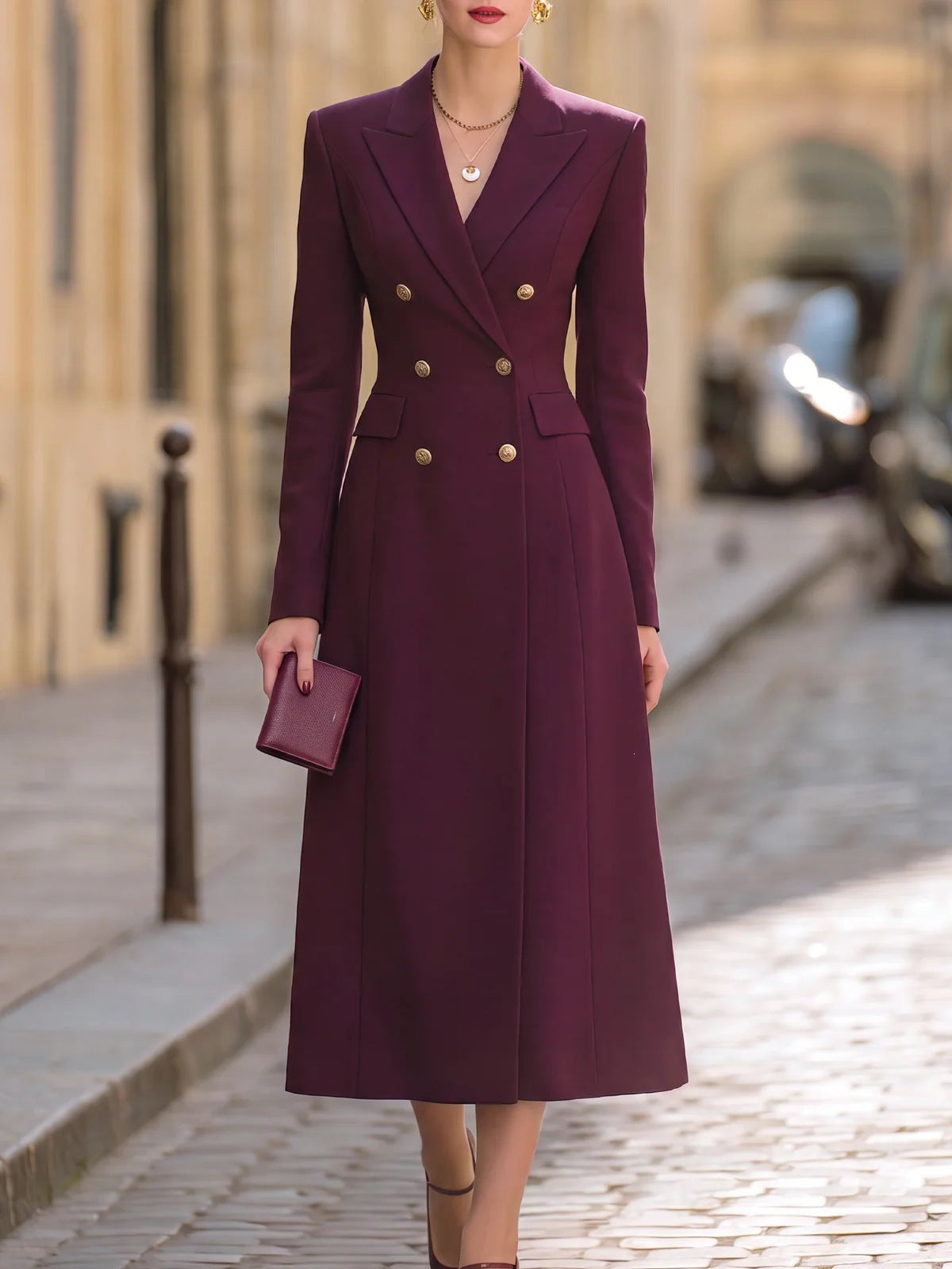 Doppelt-knopf Damenanzug-Kleid mit Revers und langen Ärmeln - 1 - Jasminaboutique.com