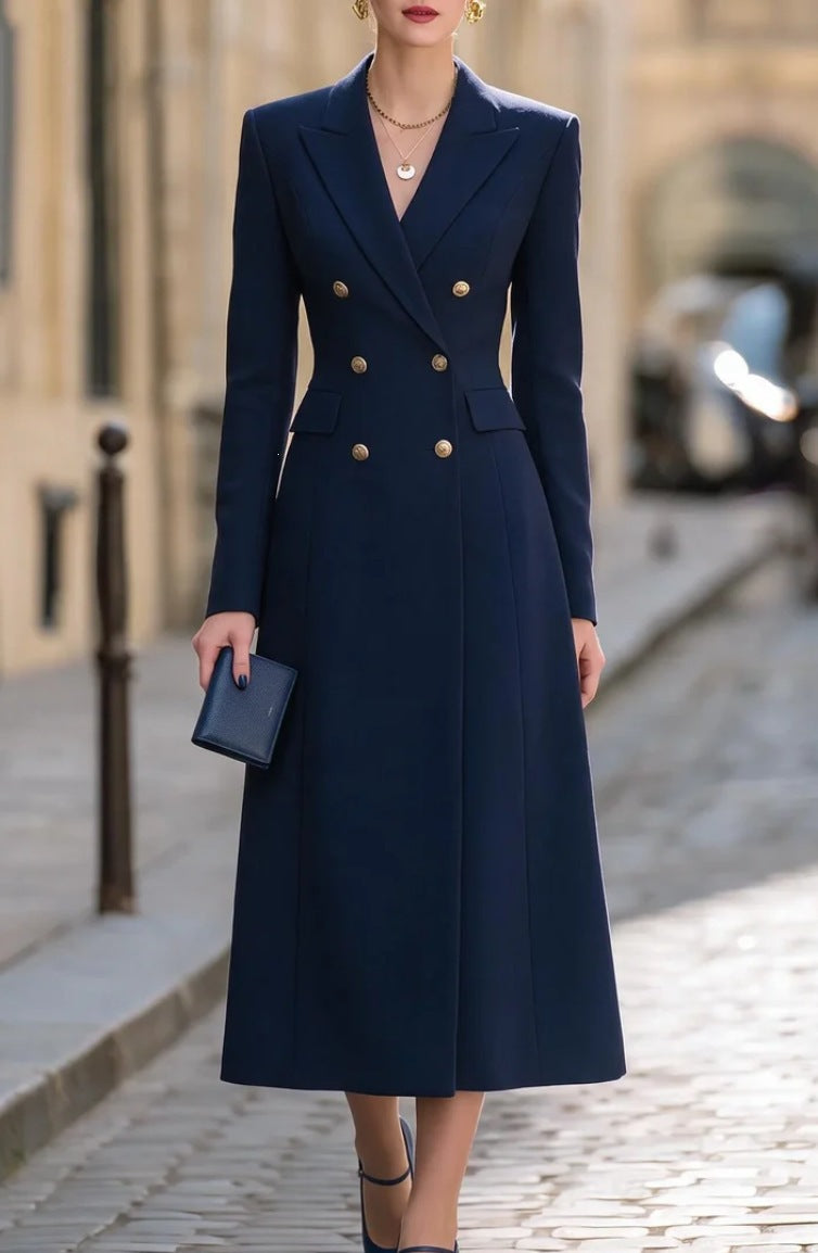 Doppelt-knopf Damenanzug-Kleid mit Revers und langen Ärmeln - 2 - Jasminaboutique.com